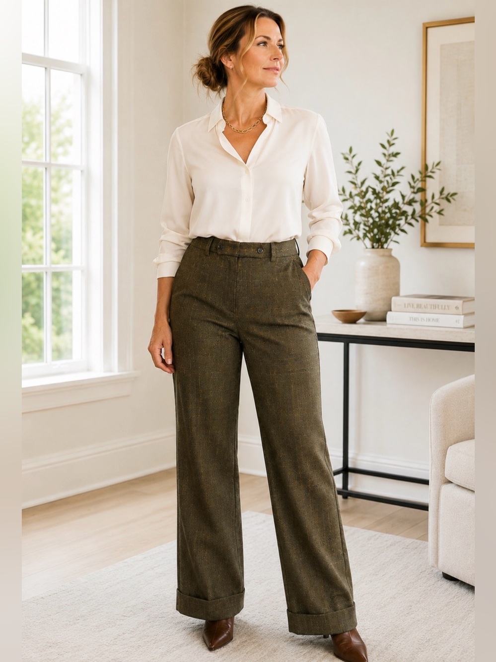Lauren Ralph Lauren 22W Wool Glen Plaid Wide Leg Career Trouser Pants Plus Size